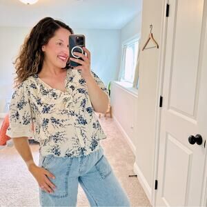 THE GREAT. White Blue Cotton Floral Lace Short Sleeve Victorian Top Blouse 3 L